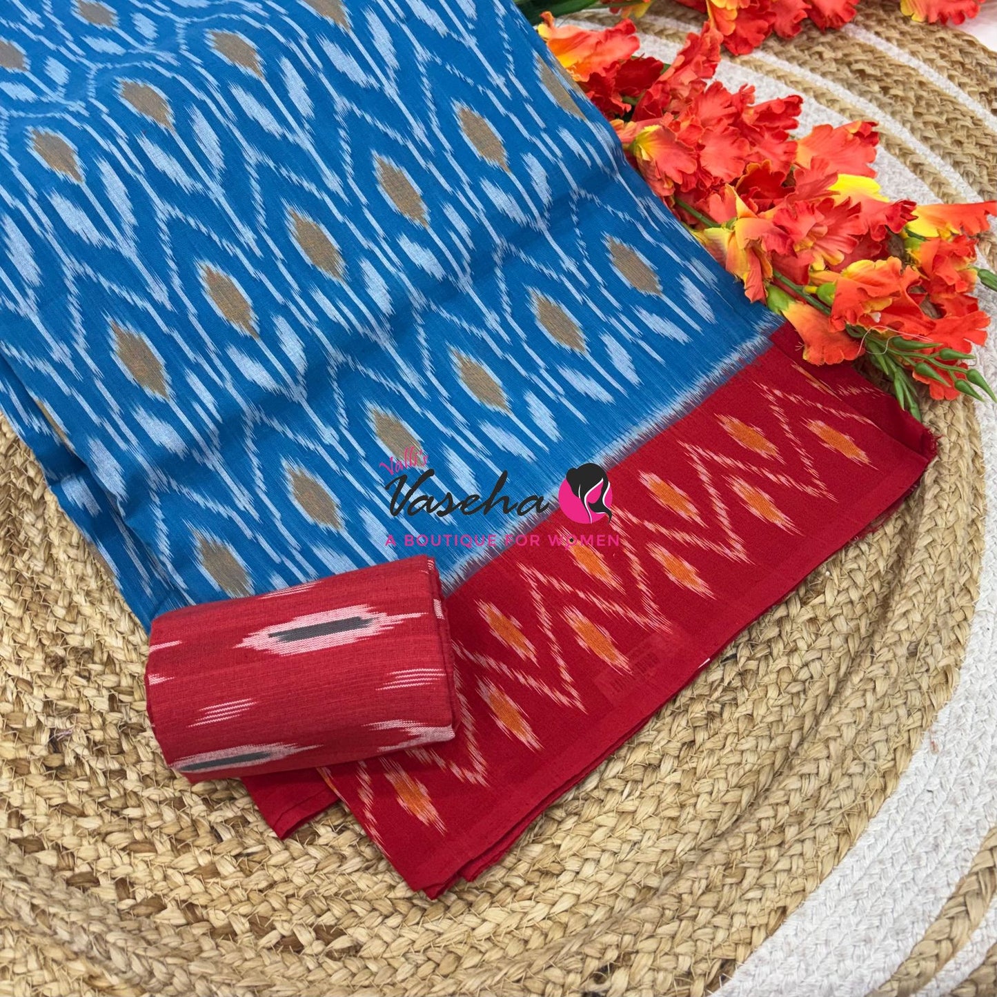 Double Ikkat Pure Cotton Saree -  Blue With Red  - VVIKS002