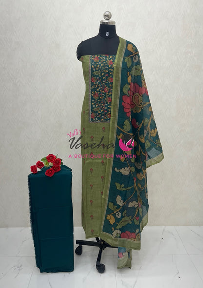Unstitched Linen Mixed Cotton Material  | Green With Peacock Blue | VVUSM048