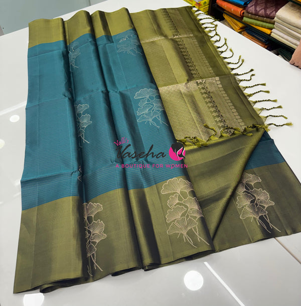 Pure Soft Silk Saree - Blue With Mahendi Green - VVPSS072