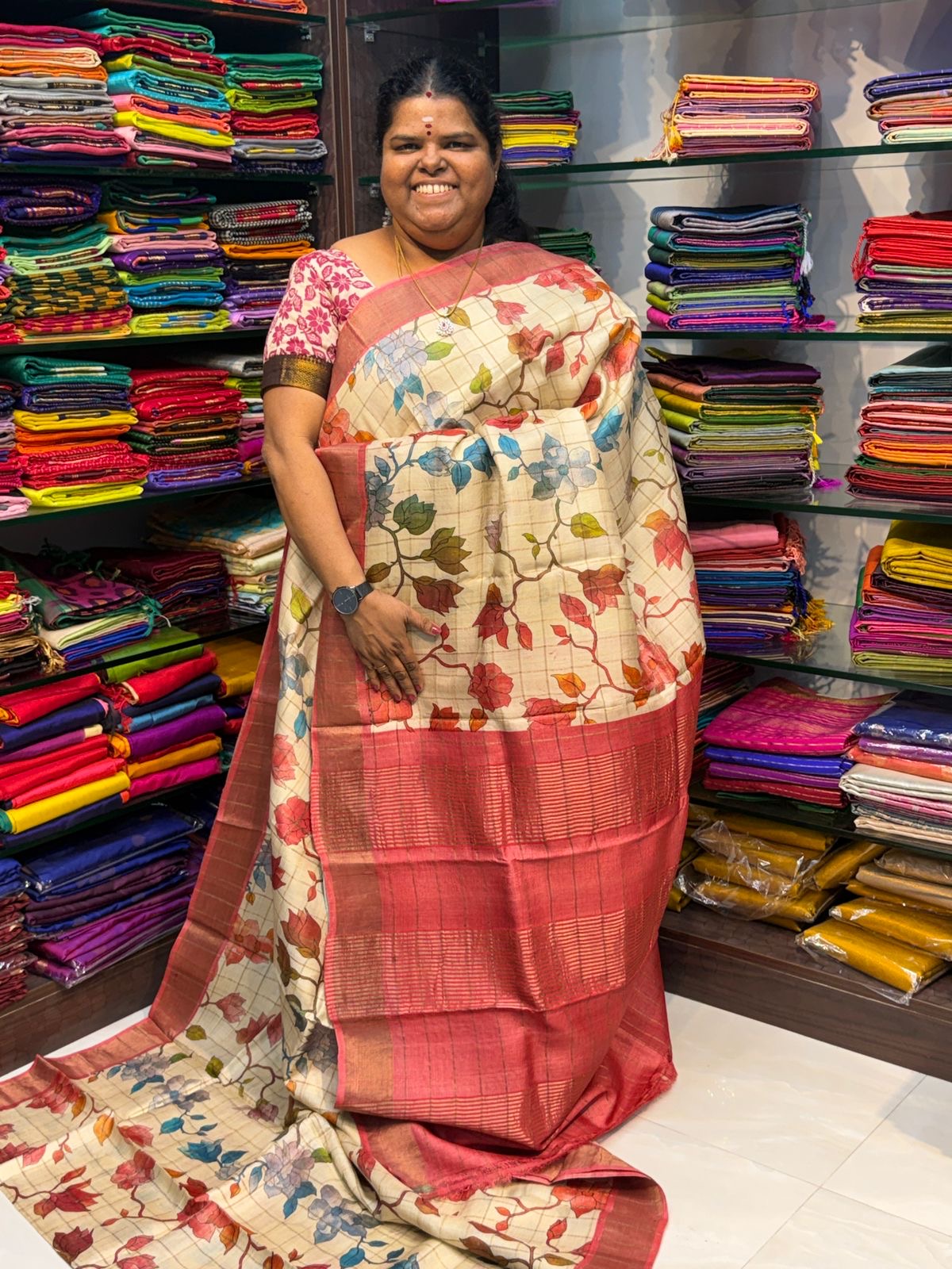 Pure Tussar Silk - Cream With Maroon Shade - VVPTS001