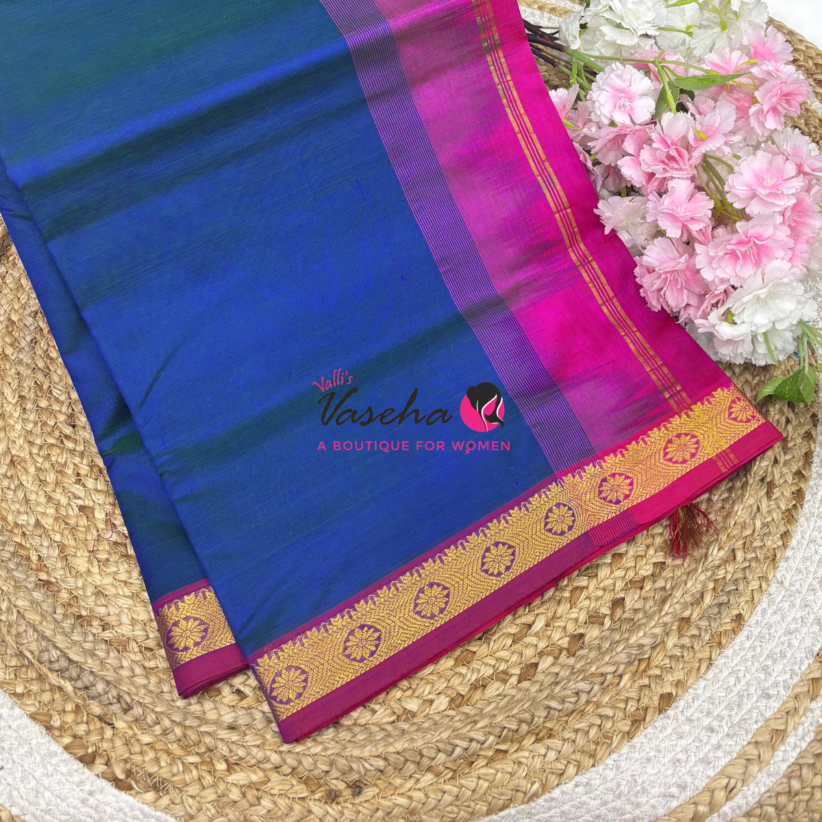 Pure Silk Cotton Sarees - Peacock Blue With Pink - VVPSC017