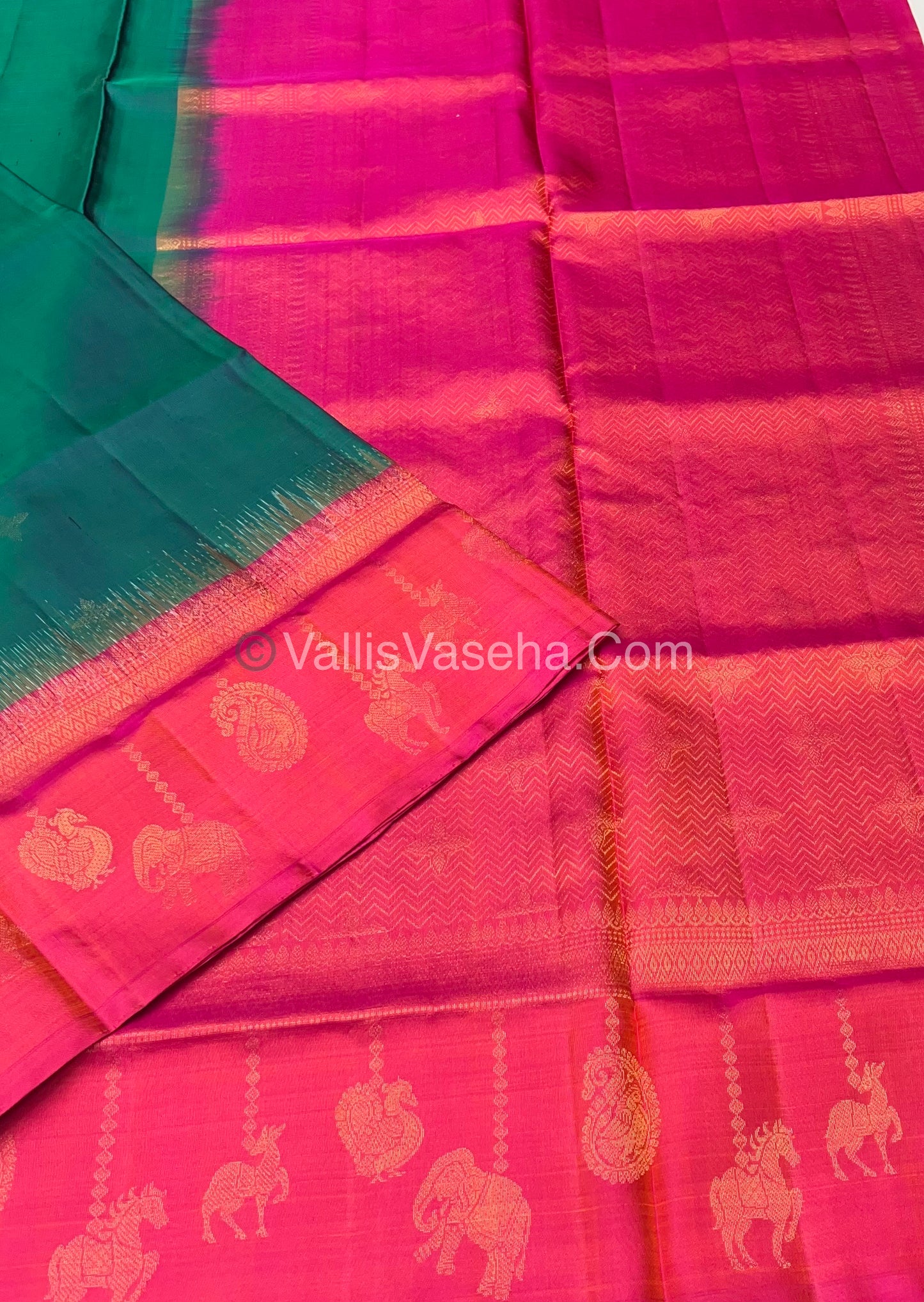 Pure Soft Silk Saree - (Merry-Go-Round Design ) - Peacock Blue with Pink Shade - VVPSS059
