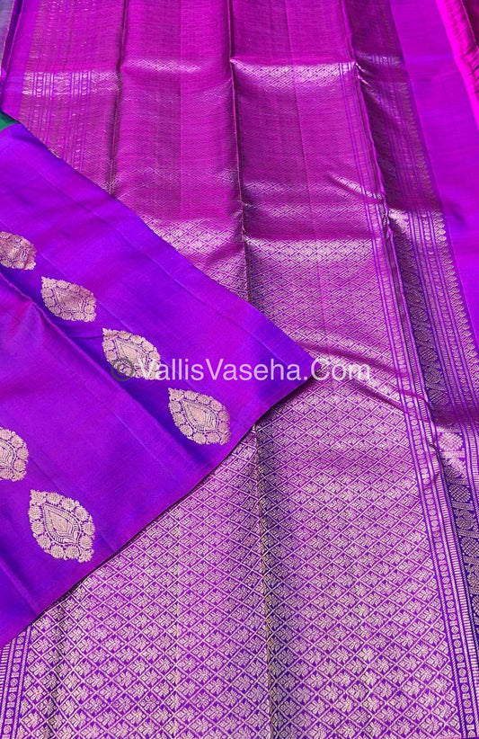 Pure Kanchipuram Silk Saree - Half & Half - Double Tone Peacock Blue with Purplish Pink Shade - VVPS014