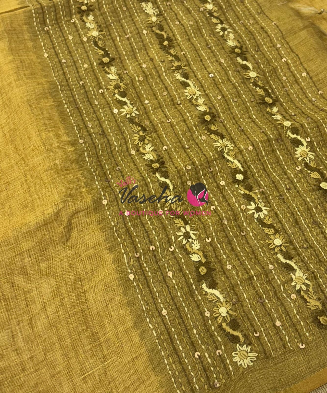French Knot - Linen Tissue Saree - Mustard Green Shade - VVLFN015