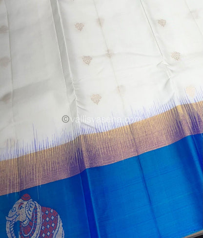 Pure Soft Silk Saree - White with Peacock Blue  - VVPSS028