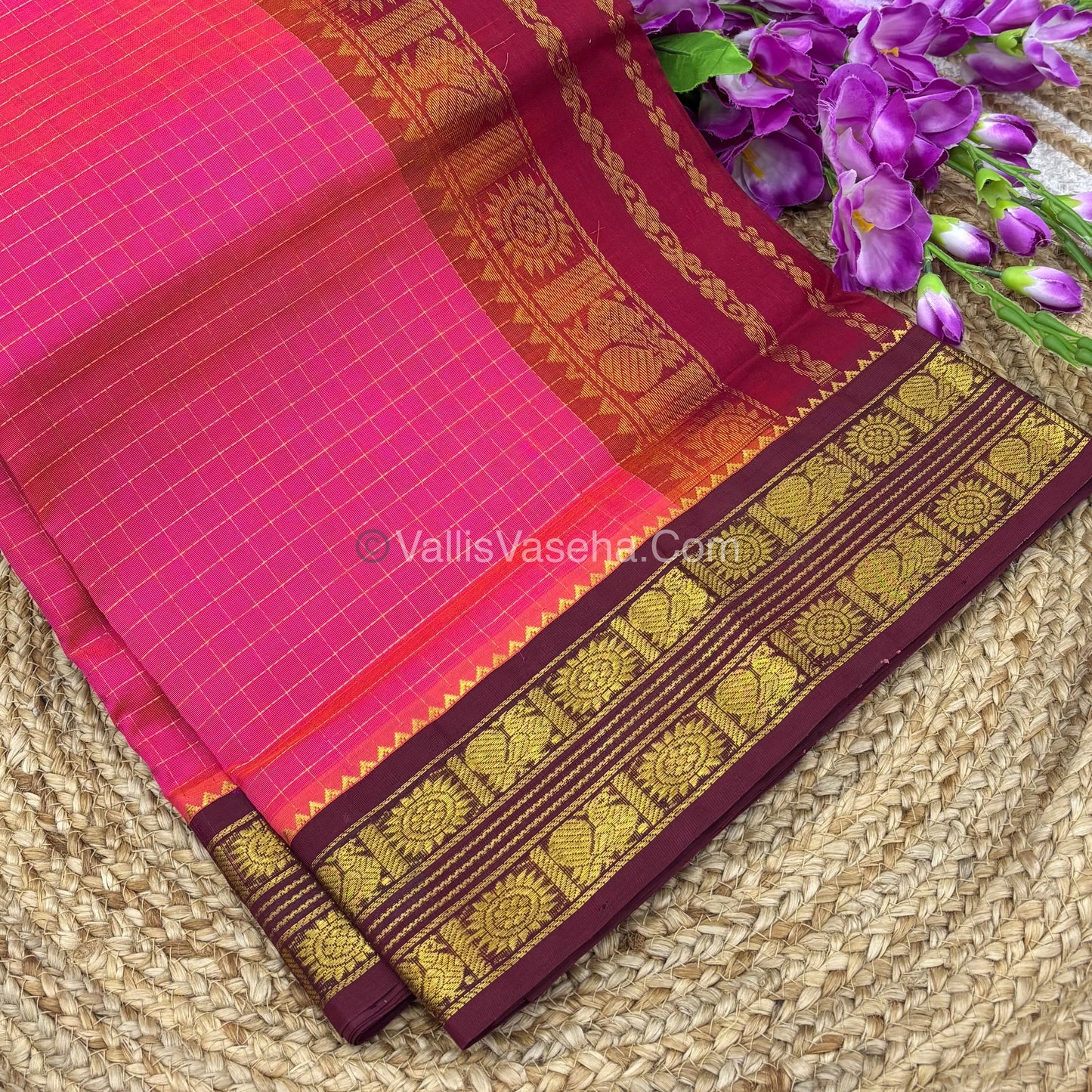 Pure Korvai Silk Cotton - Retta Petta Border - Peach With Maroon Combo - VVKSC010