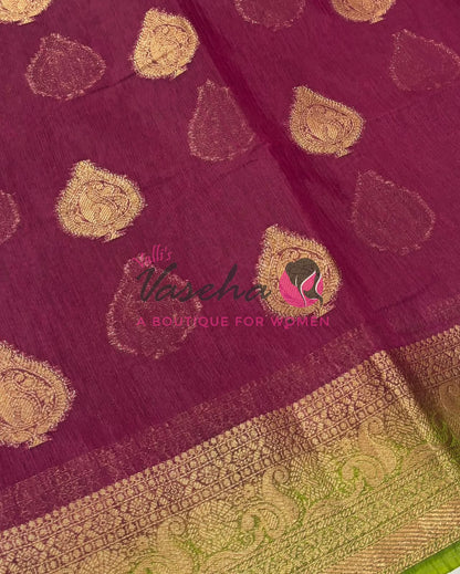 Bamboo Silk Saree- Maroon with Green Shade - VVBSS013