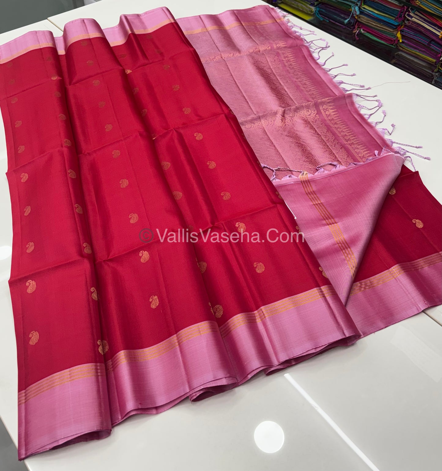 Pure Soft Silk Saree - Reddish Pink With Pink - VVPSS073