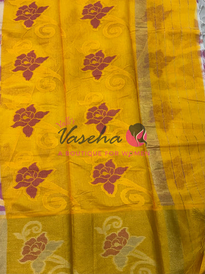Banarasi Pochampally Weaving Semi Soft Cotton Saree - White with Yellow  - VVBPS001