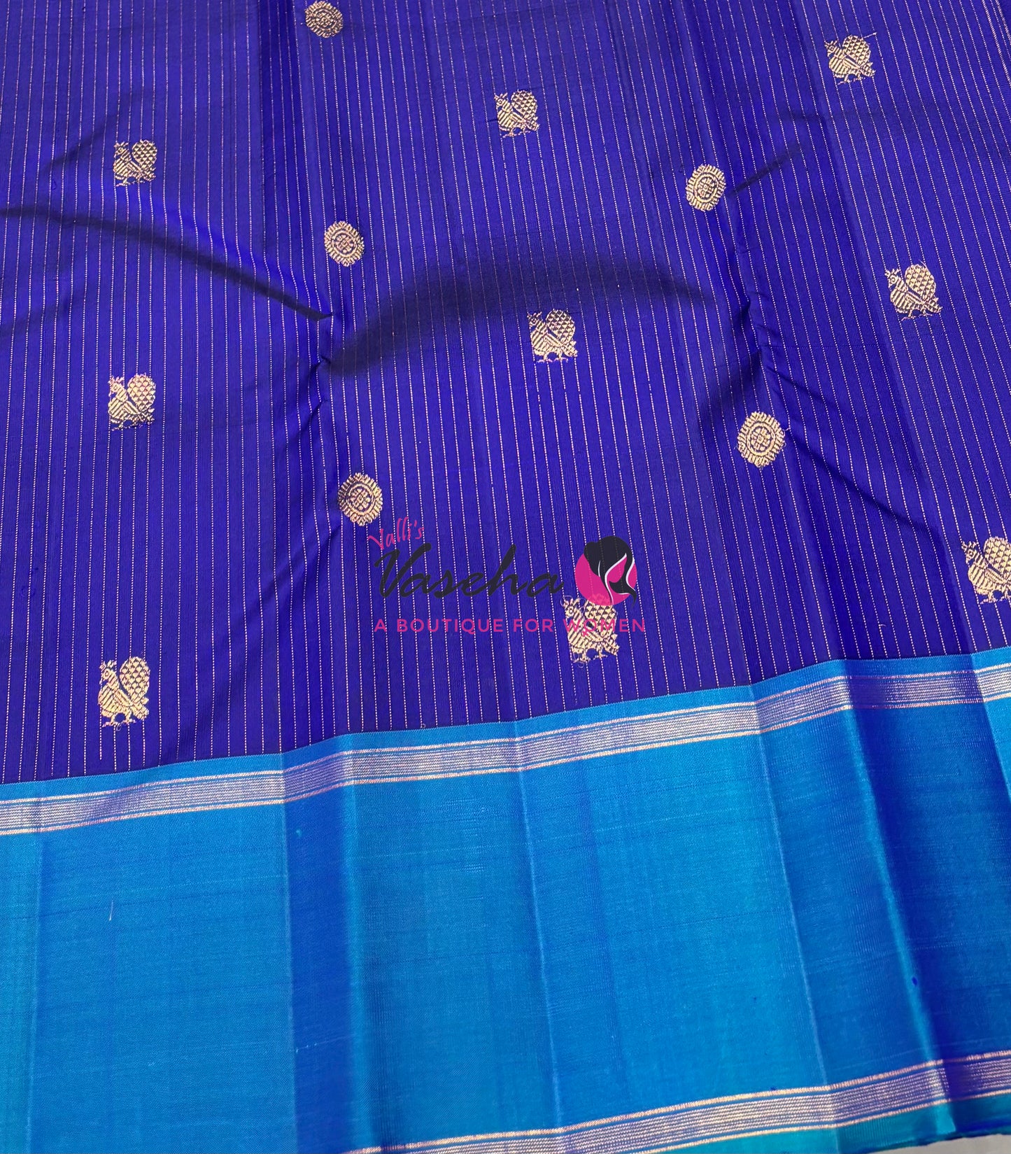 Pure Kanchipuram Silk Saree - Vairavoosi Design  - Blue & Blue Combo - VVPS014