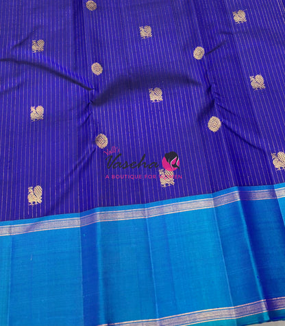 Pure Kanchipuram Silk Saree - Vairavoosi Design  - Blue & Blue Combo - VVPS014
