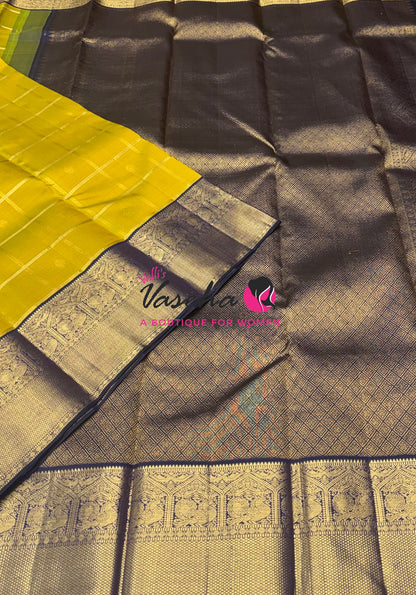 Pure Vintage Korvai Kanchipuram Silk Saree - Lemon Green & Navy Blue Combo - VVPS021