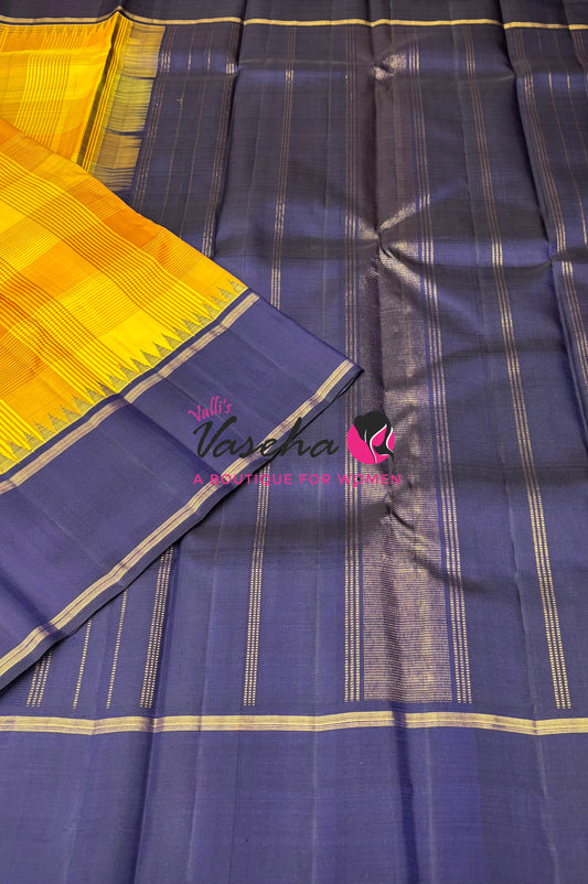 Pure Kanchipuram Silk Saree - Yellow With Navy Blue - VVPS069