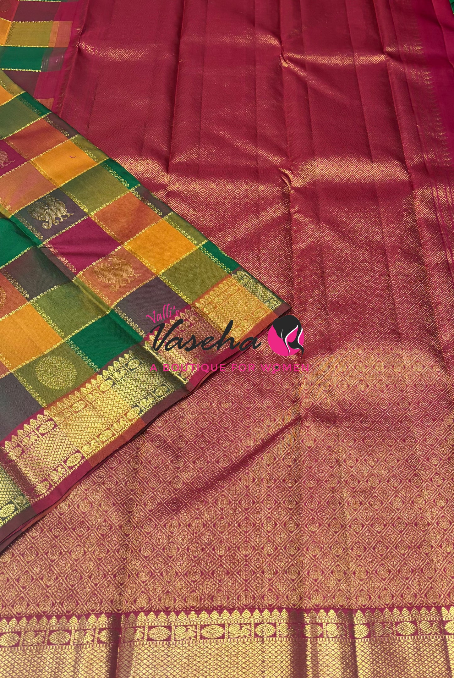 Pure Vintage Korvai Kanchipuram Silk Saree - Pazhum Pazhamum Checks - VVPS061