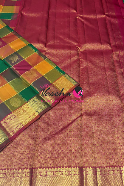 Pure Vintage Korvai Kanchipuram Silk Saree - Pazhum Pazhamum Checks - VVPS061