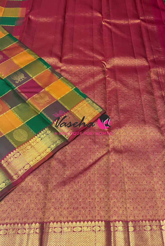 Pure Bridal Kanchipuram Silk Saree - Pazhum Pazhamum Checks - VVPS061