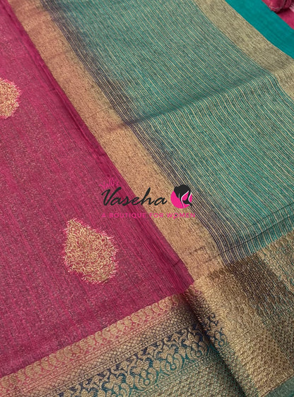 Bamboo Silk Saree - Light Pink with Blue - VVBSS018