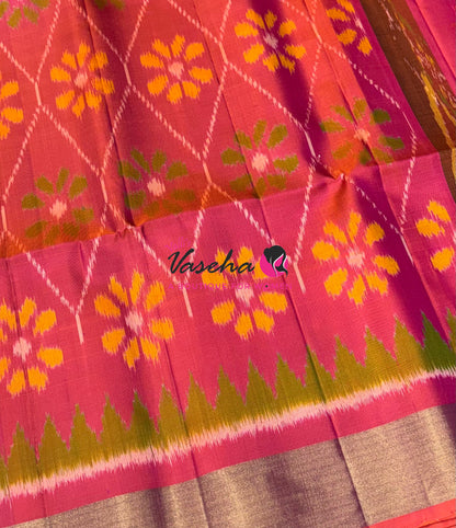 Pure Soft Silk Saree  - Pochampally Weaving - Chocolate Brown & Peach Combo - VVPSS110