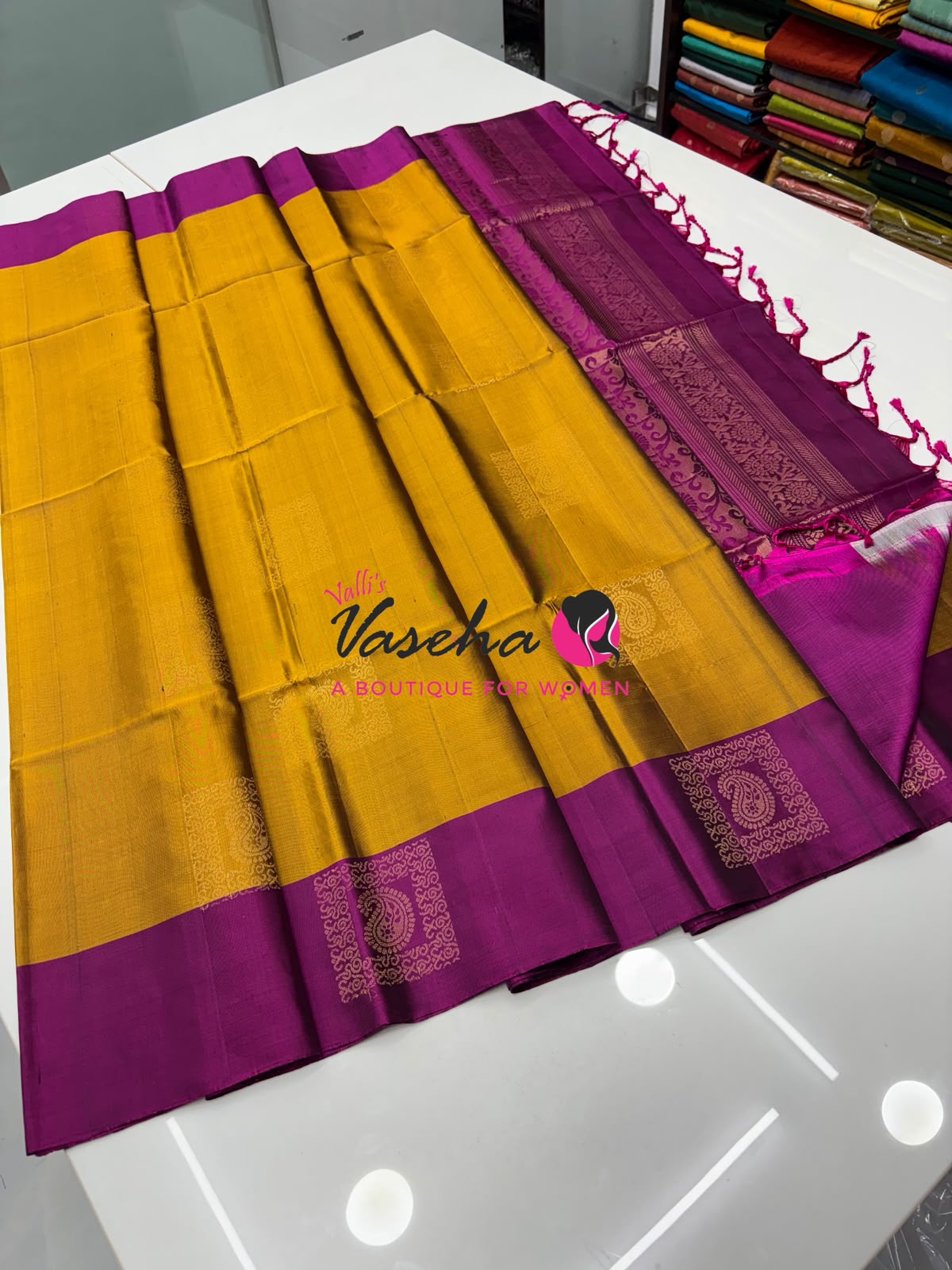 Pure Soft Silk Saree - Mustard Yellow & Pink   - VVPSS091