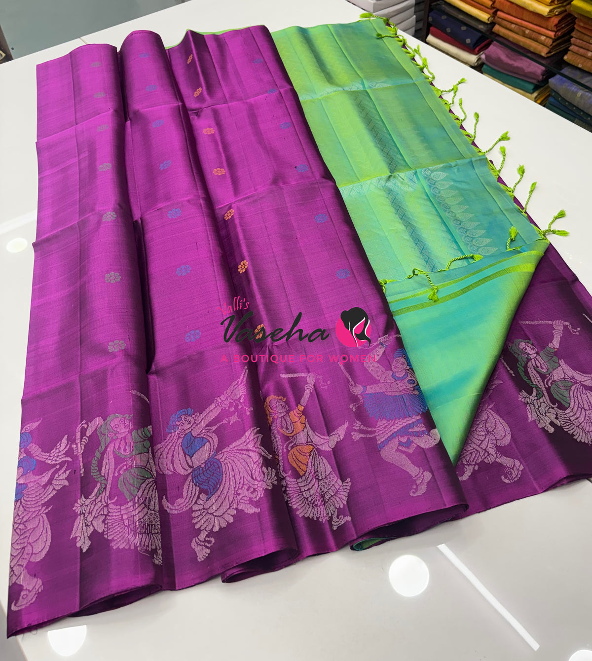 Pure Soft Silk Saree  - Purple With Dual Tone Green Combo - VVPSS139