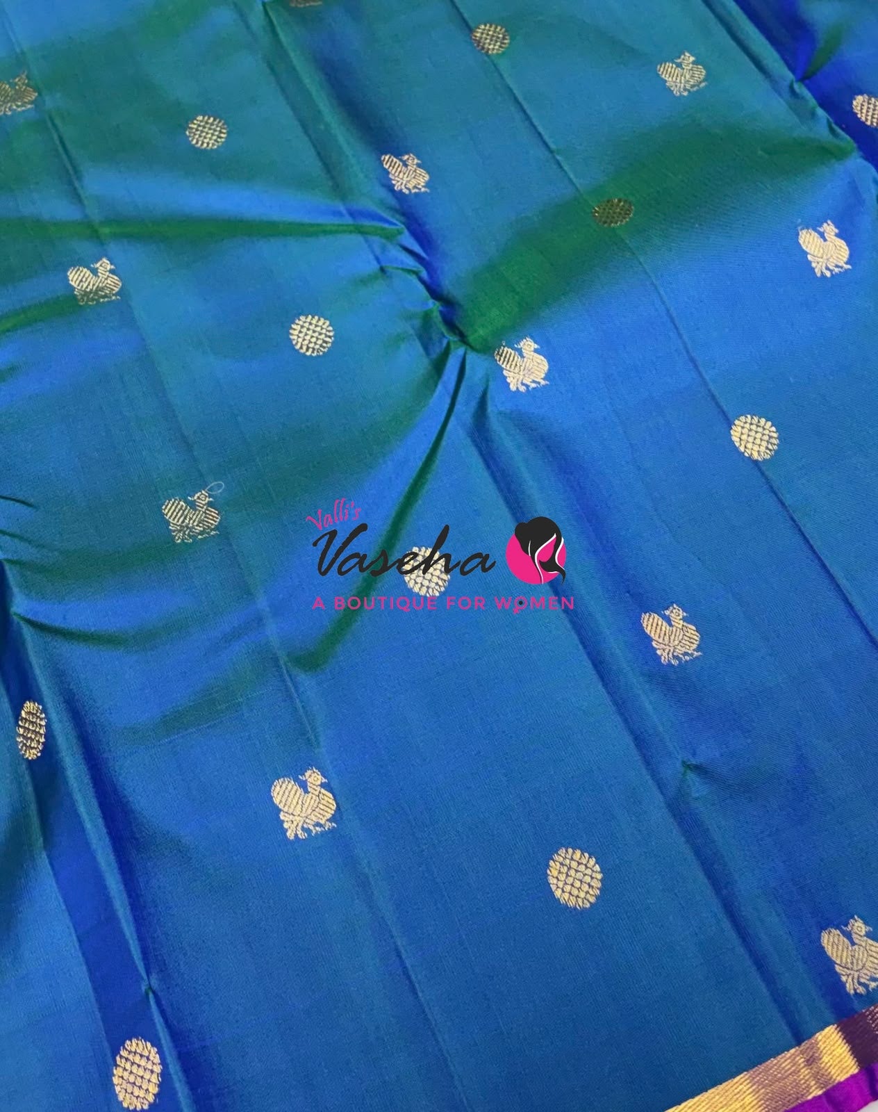 Pure Kanchipuram Silk Saree - Peacock Blue with Pink - VVPS077