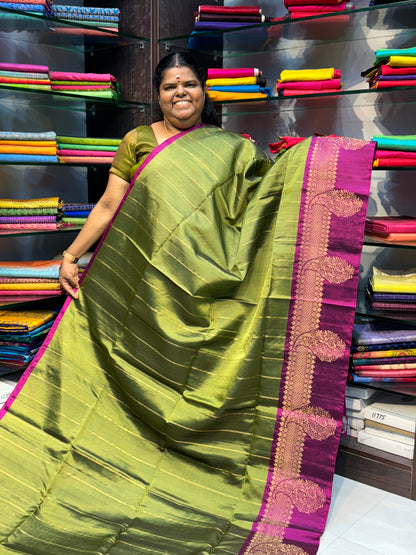 Pure Soft Silk Saree - Green with Purplish Pink  - VVPSS022