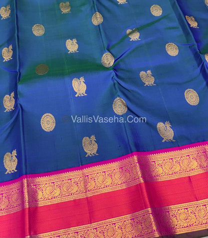 Pure Vintage Korvai Kanchipuram Silk Saree - Peacock Blue & Pink Combo - VVPS038