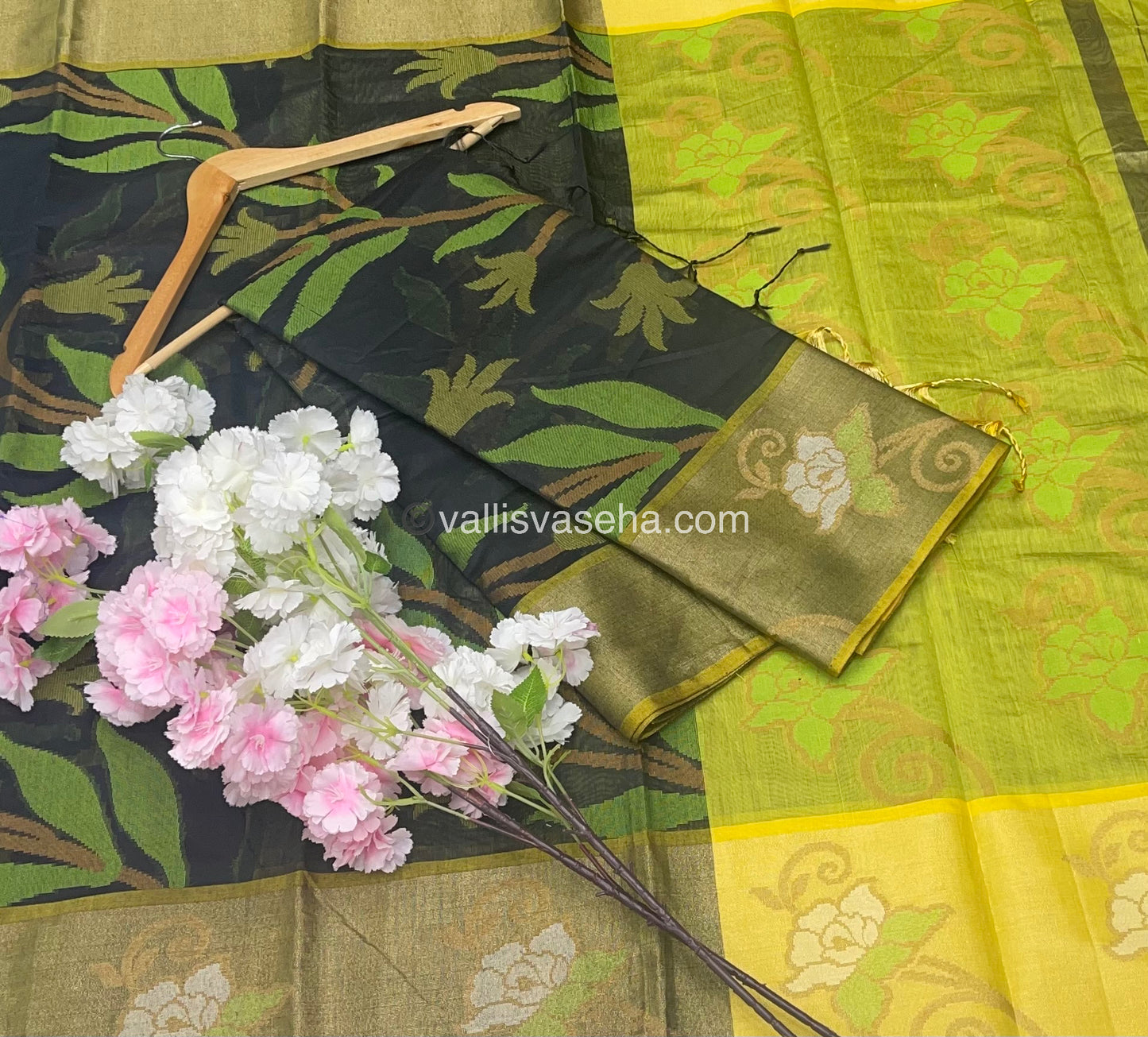 Banarasi Pochampally Weaving Semi Soft Cotton Saree - Black with Green - VVBPS001