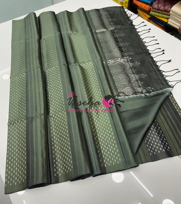 Pure Soft Silk Saree - Border Less  - Mahendi Green Shade - VVPSS068