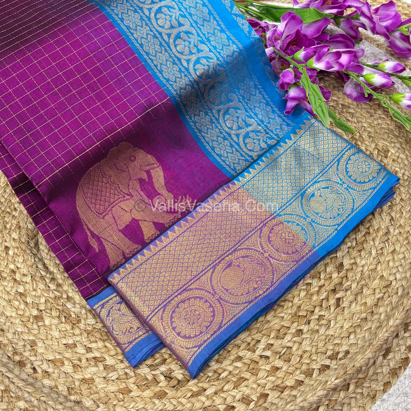 Pure Korvai Silk Cotton - Checks Pattern - Purple  With Blue Shade  - VVKSC033