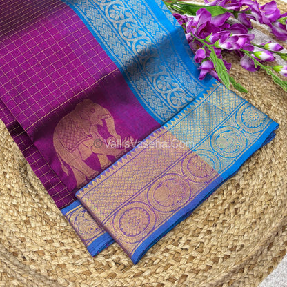 Pure Korvai Silk Cotton - Checks Pattern - Purple  With Blue Shade  - VVKSC033