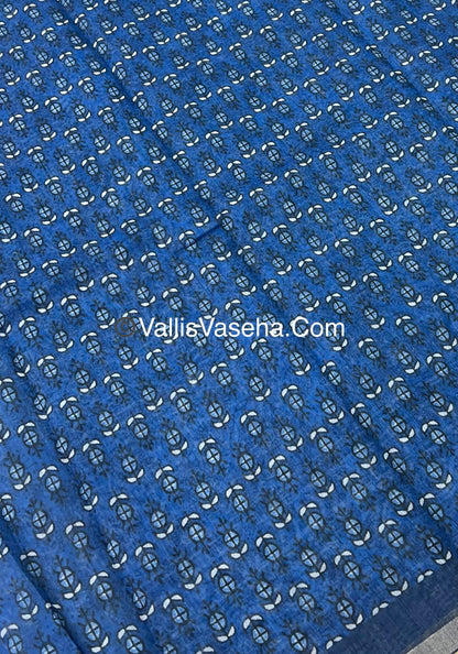 Linen Mixed Cotton Saree - Indigo Blue - Printed - VVLMP001