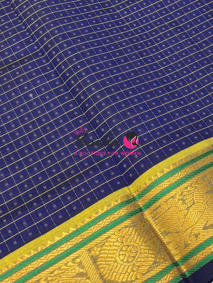 Pure Silk Cotton Saree - Blue With Yellow Shade - Lakshadeepam Design - VVPLD001
