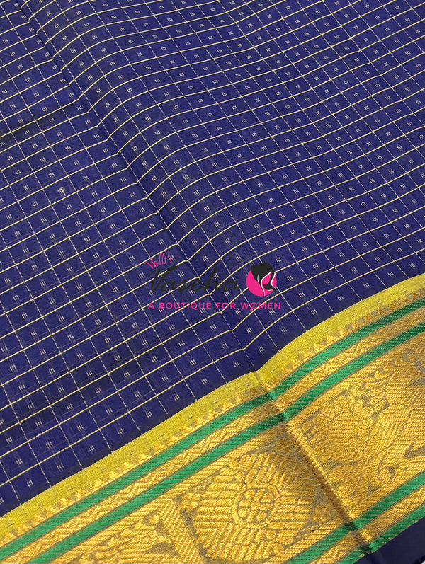 Pure Silk Cotton Saree - Blue With Yellow Shade - Lakshadeepam Design - VVPLD001