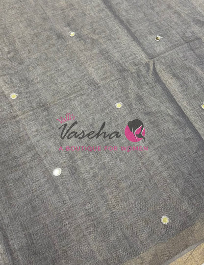 Linen Tissue Saree - Mirror Work Embroidery - Grey With Light Orange Shade - VVLTS001