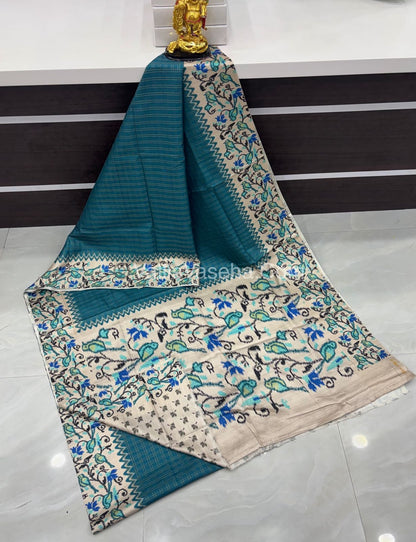 Semi Tussar Silk -Blue With Cream Shade  - VVSTS039