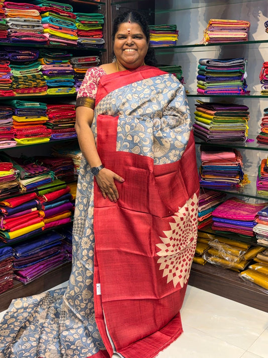 Pure Tussar Silk - Sea Blue With Red Shade - VVPTS001