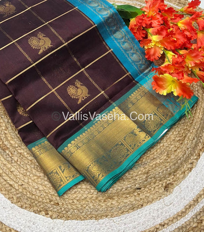 Pure Silk Cotton Saree - Mayil & Chakkaram Design - Brown With Blue - VVMC001