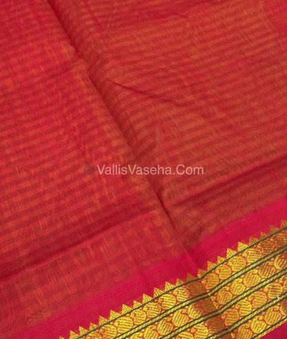 Pure Korvai Silk Cotton - Podi Kattam - Retta Petta Border - Yellow & Green & with Red - VVKSC003
