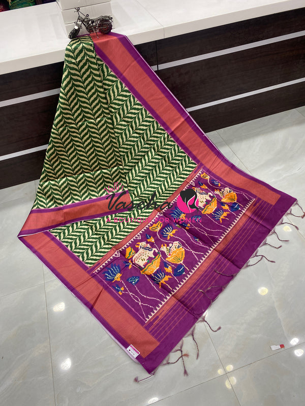 Art Tussar / Art Silk - Leaf Green & Purplish Pink  Shade - VVATS006