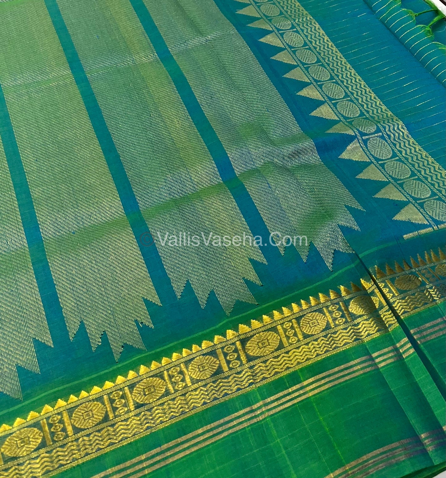 Pure Korvai Silk Cotton - Retta Petta Border - Green with Blue Combo - VVKSC010