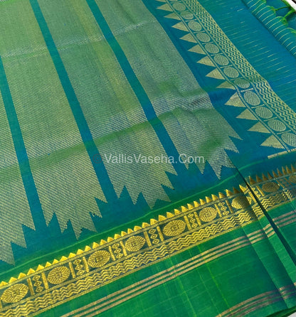 Pure Korvai Silk Cotton - Retta Petta Border - Green with Blue Combo - VVKSC010