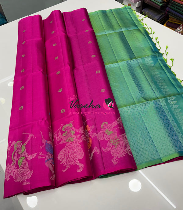 Pure Soft Silk Saree  - Pink With Dual Tone Green Combo - VVPSS139