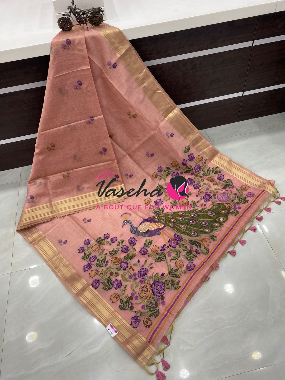 Muga Tissue Linen Saree - Pink  Shade - VVMLT001