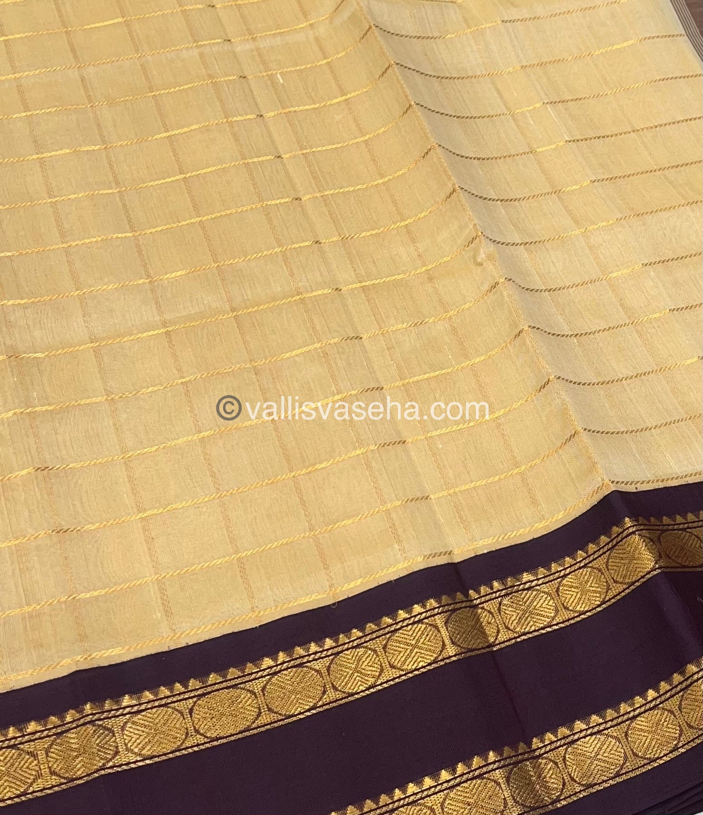 Pure Korvai Silk Cotton With Retta Petta Border - Checks pattern - Cream & Brown - VVKSC013