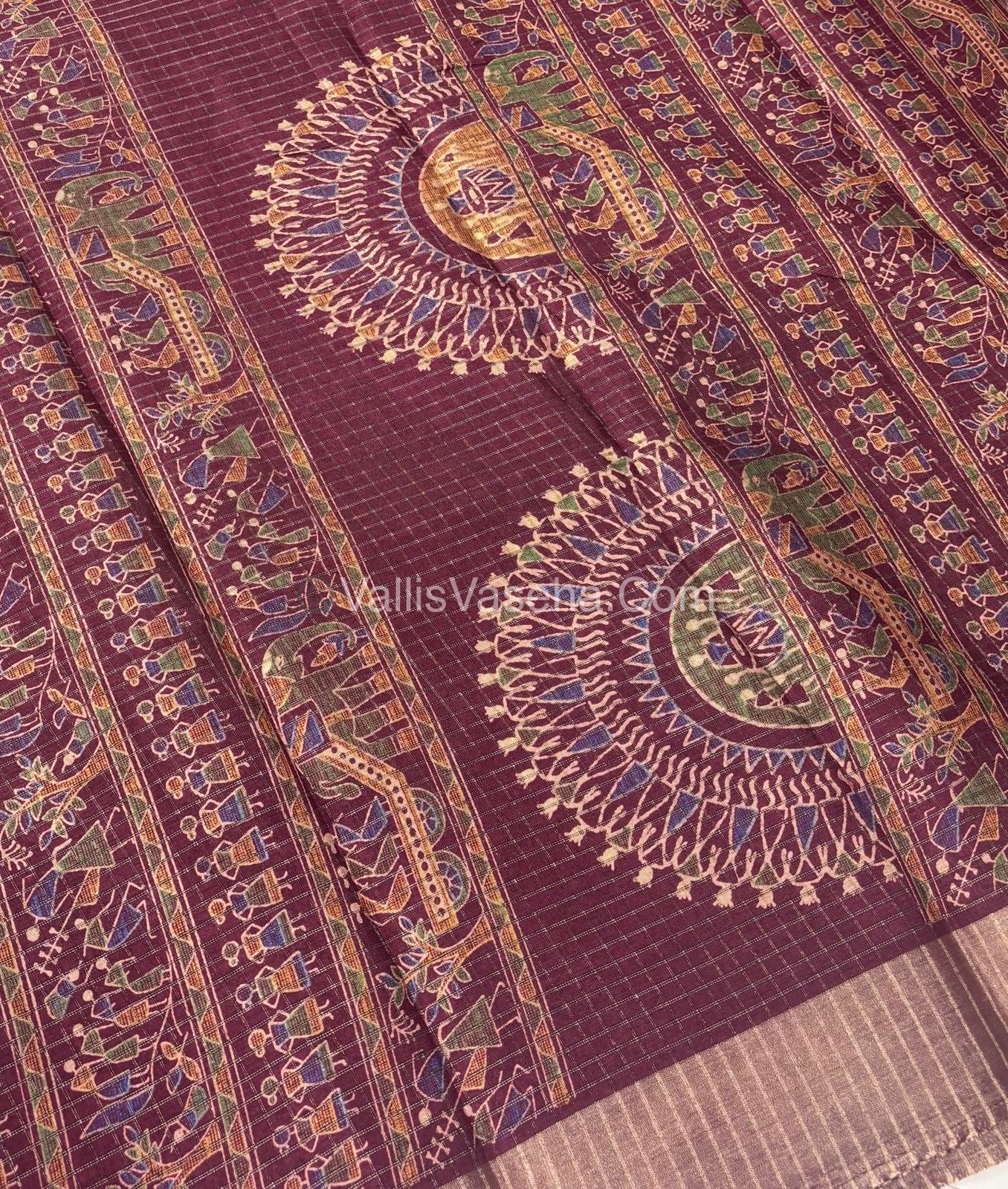 Light Weight Fancy Mixed Kota Cotton - Varli Design Printed Saree - Wine Shade - VVKPC001