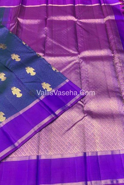 Pure Kanchipuram Silk Saree - Vaira Voosi design - Peacock Blue & Purplish Pink shade - VVPS014