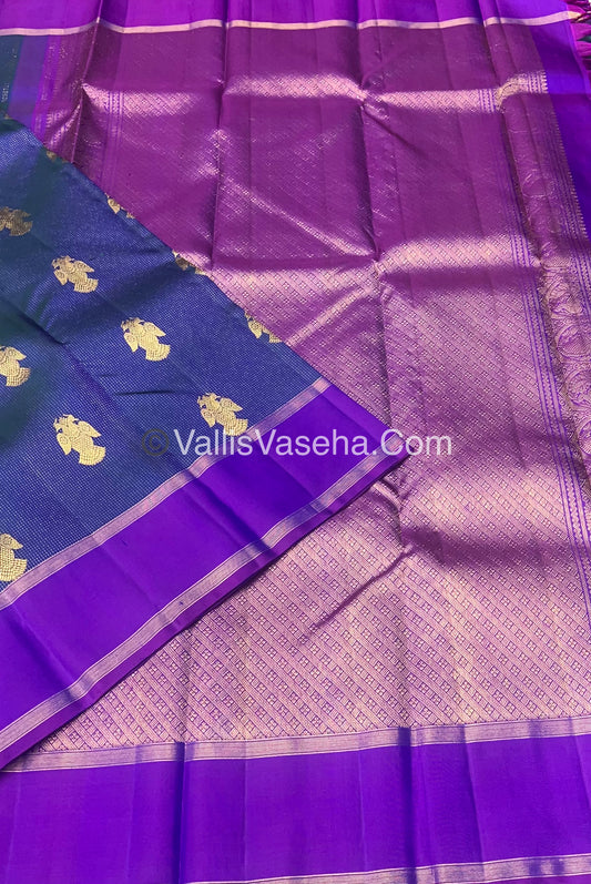 Pure Kanchipuram Silk Saree - Vaira Voosi design - Peacock Blue & Purplish Pink shade - VVPS014