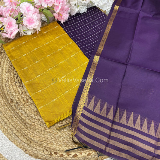 Unstitched Salwar Material -Raw Silk -  Yellow with Purple Shade - VVUSM004