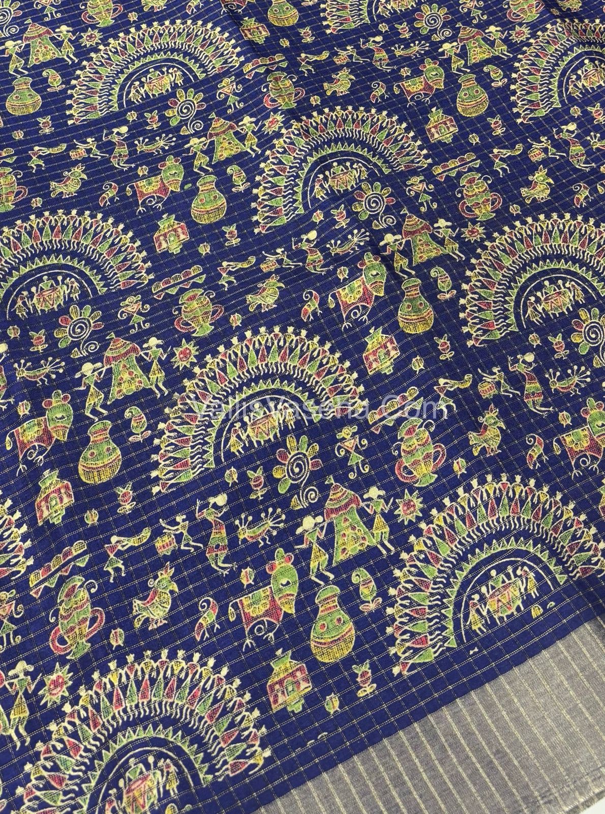 Light Weight Fancy Mixed Kota Cotton - Varli Design Printed Saree - violet Blue Shade - VVKPC001￼